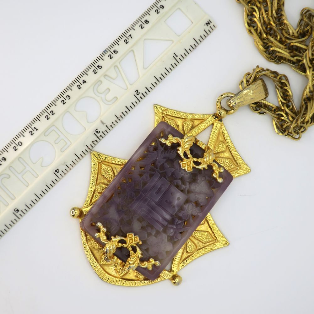 Vintage Adele Simpson faux Purple Jade Gold-Tone Regency Statement Necklace - Picture 12 of 13